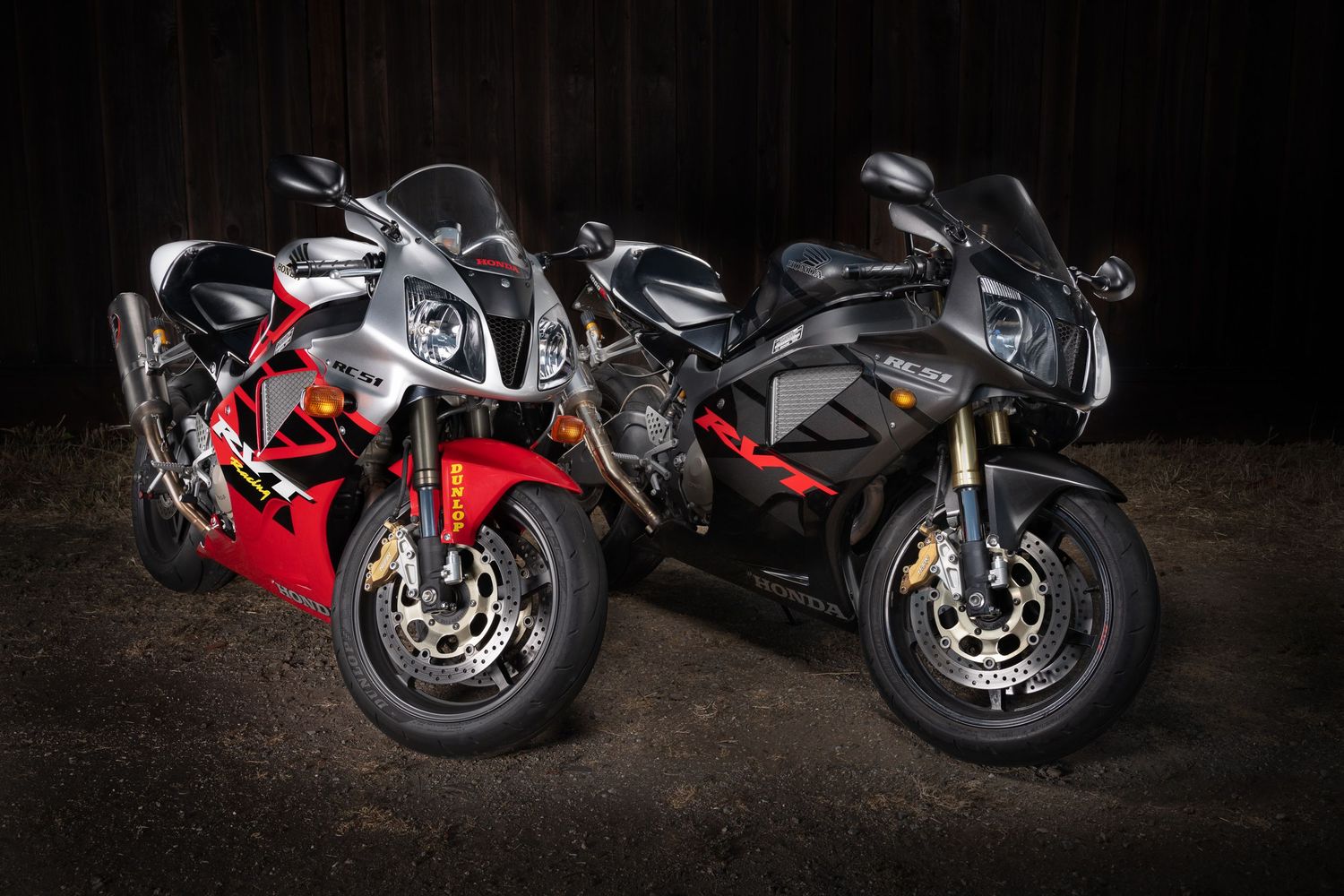John Gayler Light painted fine art wall portrait of two Honda Racing RVT1000R  RC51 superbikes in black and red