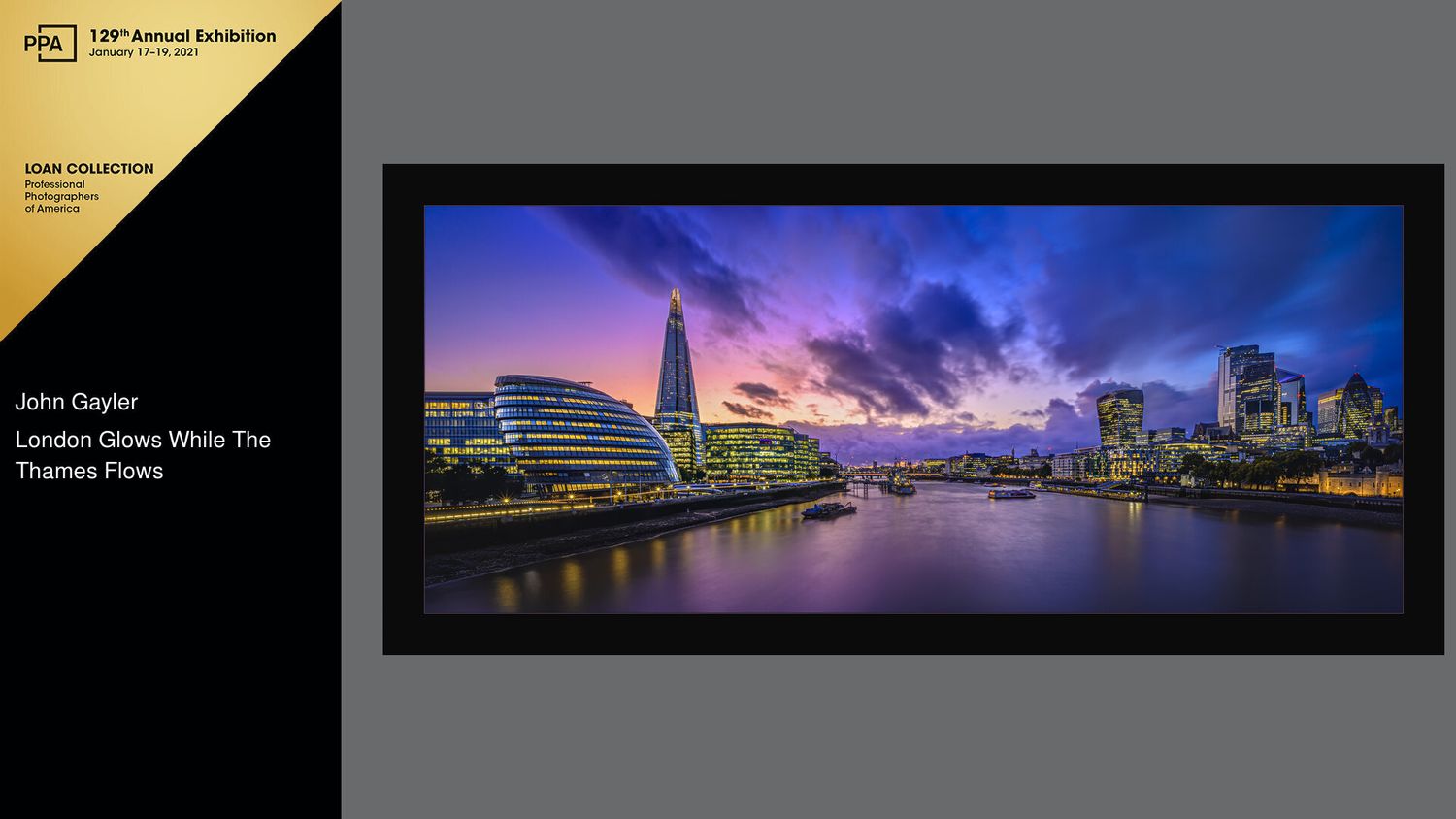 From Tower Bridge the Thames glows in blue and pink sunset colors with the architectural skyline sparkles with life with the Shard, walkie