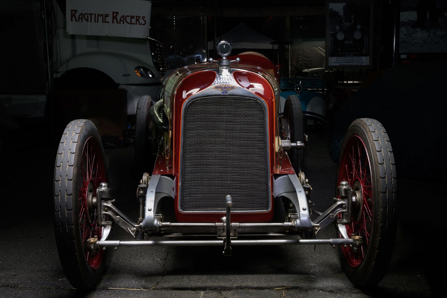 The Old Crow Speed Shop 1920 Duesenberg Straight 8 race car at the Sonoma Speedway light painted by John Gayler Photography front view