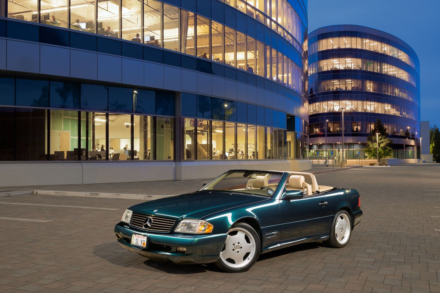 John Gayler Light Painting of a 1997 Mercedes SL 500 sports car in tourmaline green with tan interior and monoblock AMG wheels in Cupertino