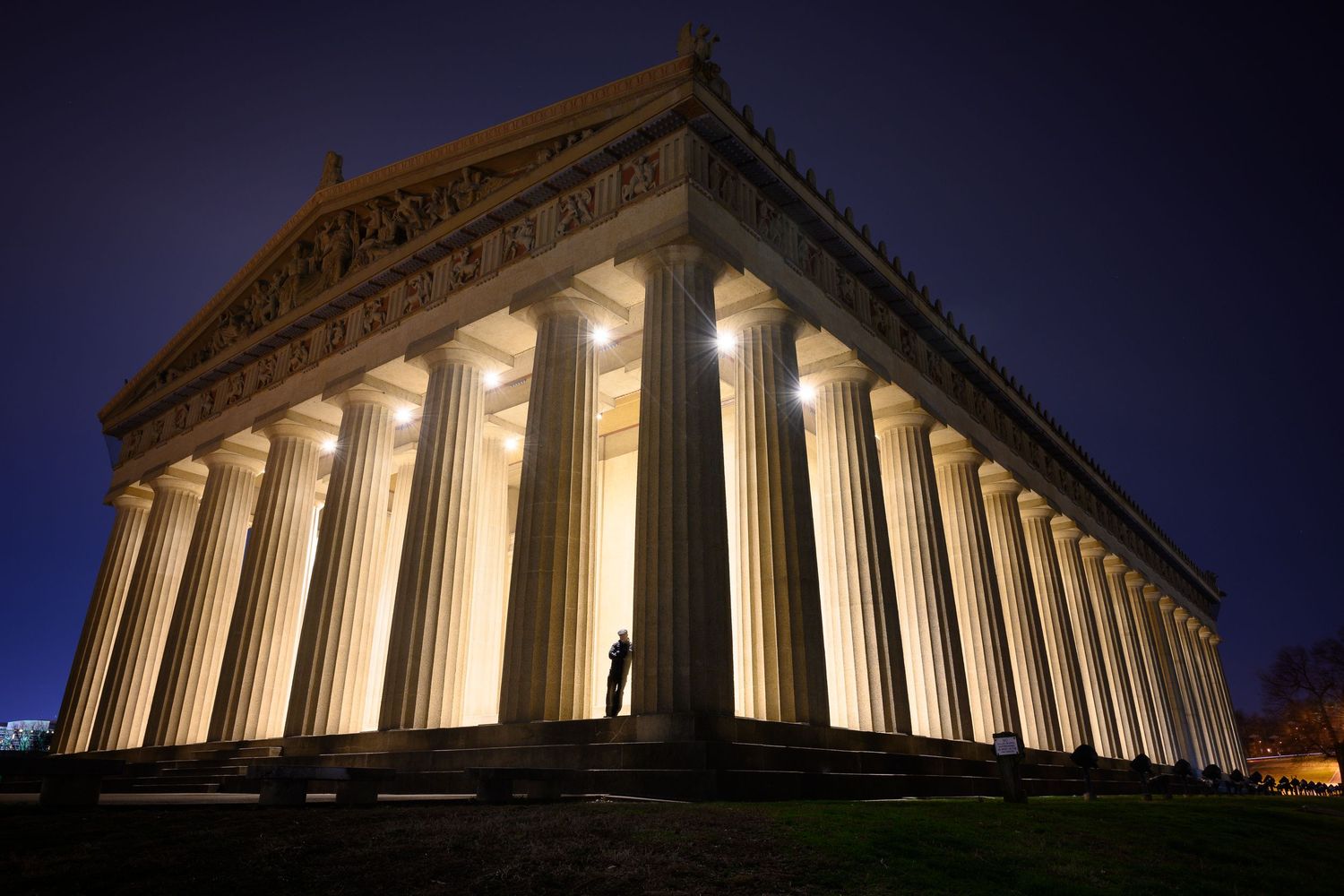 The Greek Parthenon was recreated in Nashville Tennessee for the state centennial in 1897. A visitor shows the huge scale of the columns.