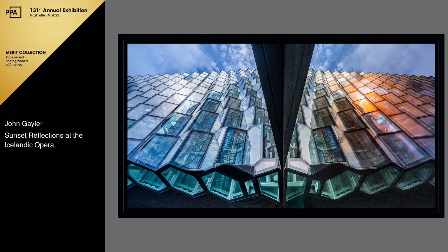 Harpa, the opera house in the Icelandic capital Reykjavik is reflected in it's own window with the colors of ice and fire