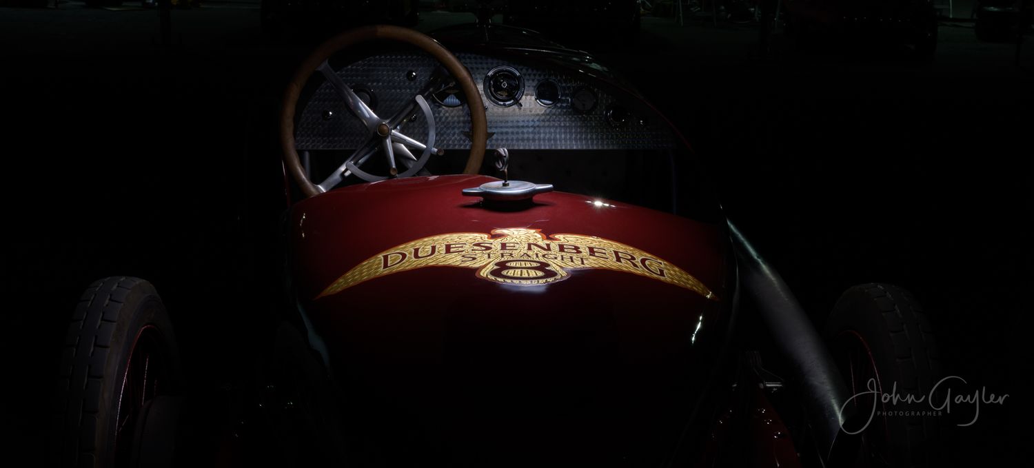 The Old Crow Speed Shop 1920 Duesenberg Straight 8 race car at the Sonoma Speedway light painted by John Gayler Photography top view