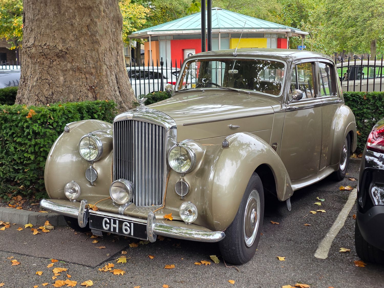 Classic Rolls-Royce luxury car in champagne gold color parked on a tree-lined street.
