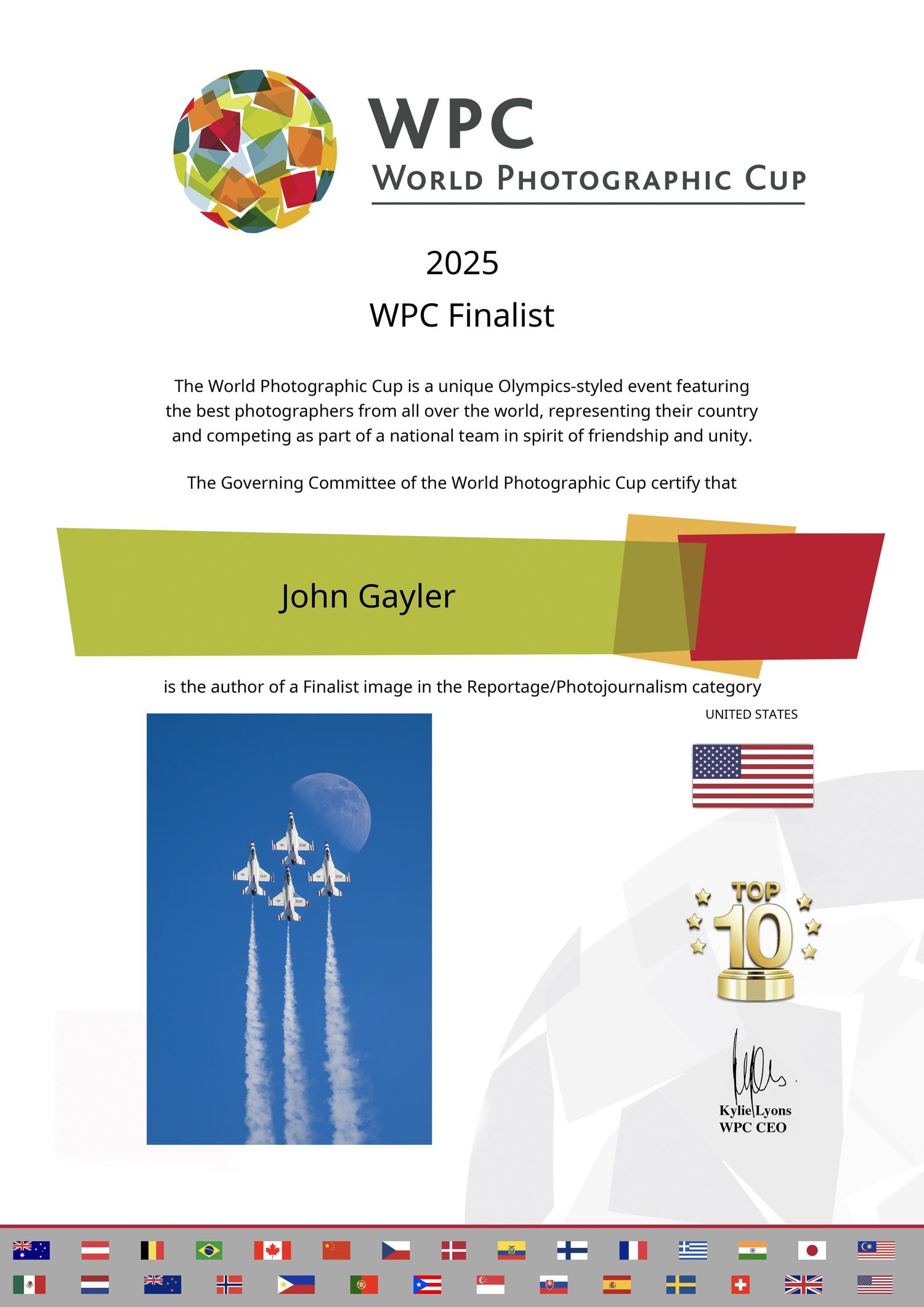 John Gayler Team USA member 2025 World Photographic Cup finalist certificate and top ten Reportage Photojournalism image and WPC logo