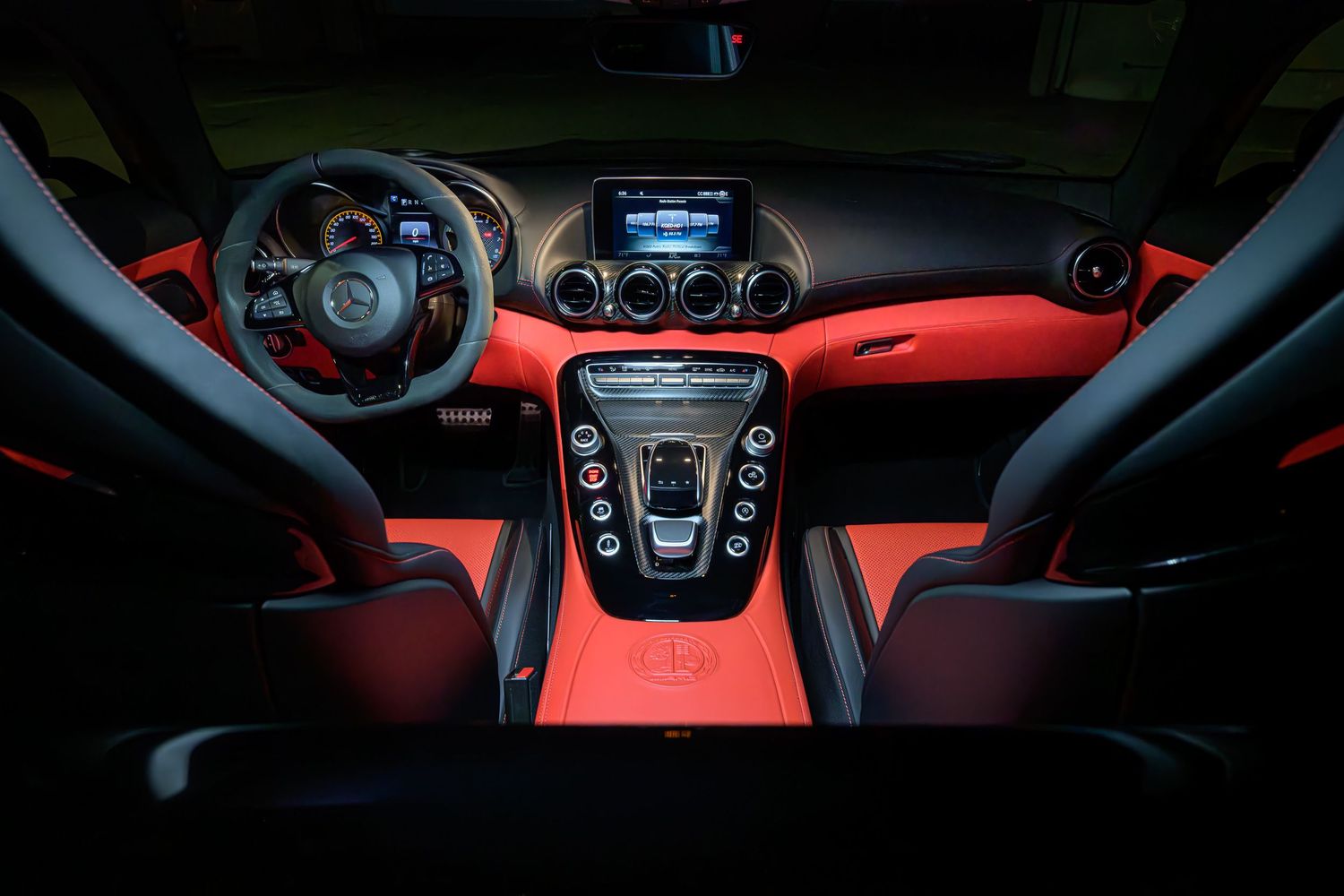 John Gayler Light Painting of a 2018 Mercedes AMG GTC with a striking Designo interior featuring a Red Pepper/Black Nappa Leather cockpit