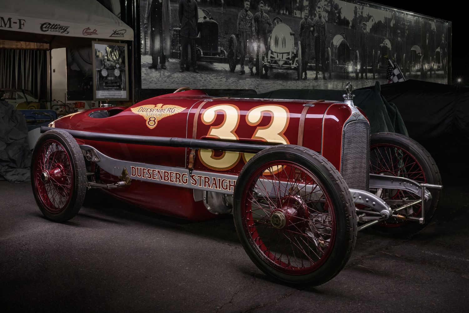 A John Gayler Light painting fine art wall portrait of #33 a red 1920 Duesenberg Straight 8 race car, with Bobby Green of Ragtime Racers