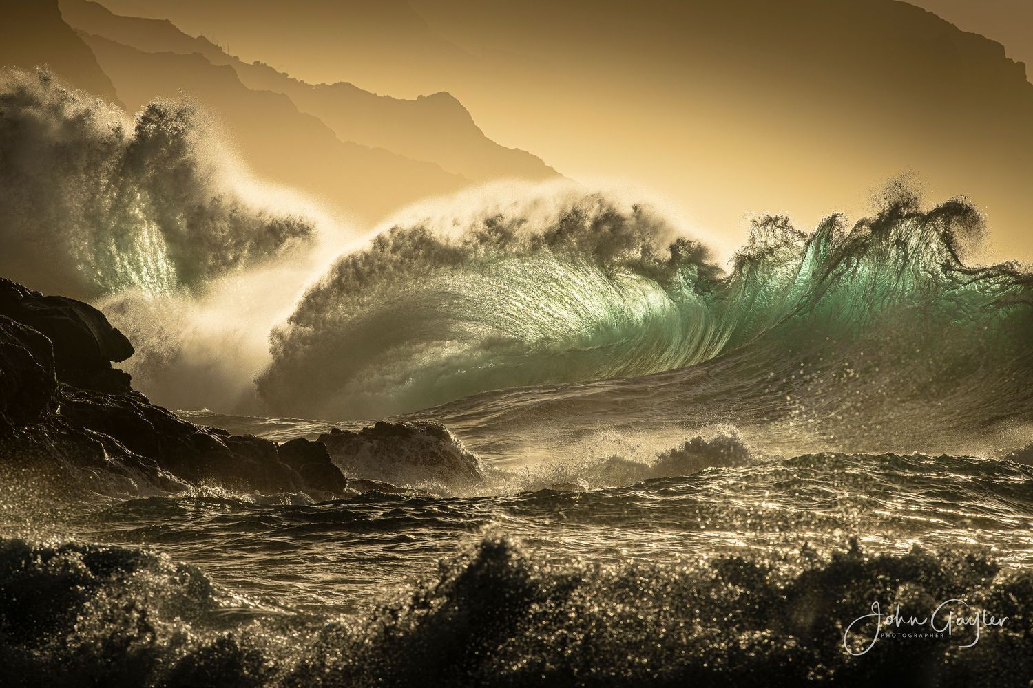 Clapotis, when a wave reflects off a cliff, captured on the west coast of Kawai during sunset - a great print to hang on the wall.
