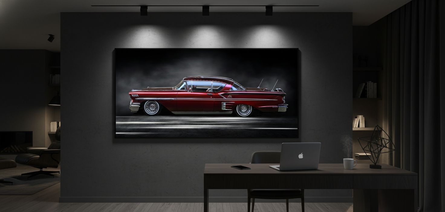 An intimate study featuring a large fin-art wall portrait of a custom 1958 Chevrolet Impala Sport Coupe