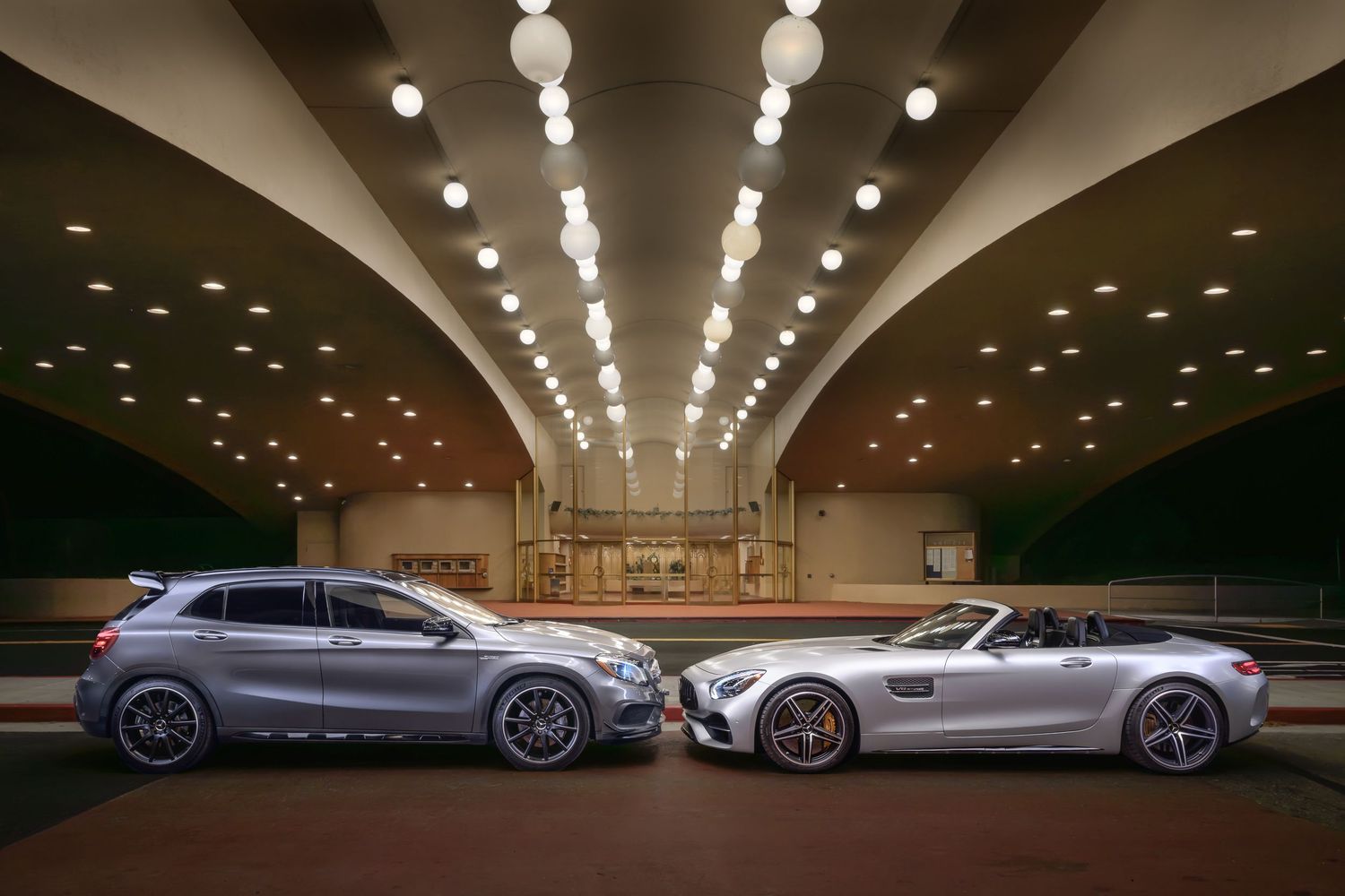 John Gayler Light Painting of a Mercedes 2016 AMG GLA45 and a 2018 AMG GTC cabriolet at Frank Lloyd Wright designed Marin Civic Building