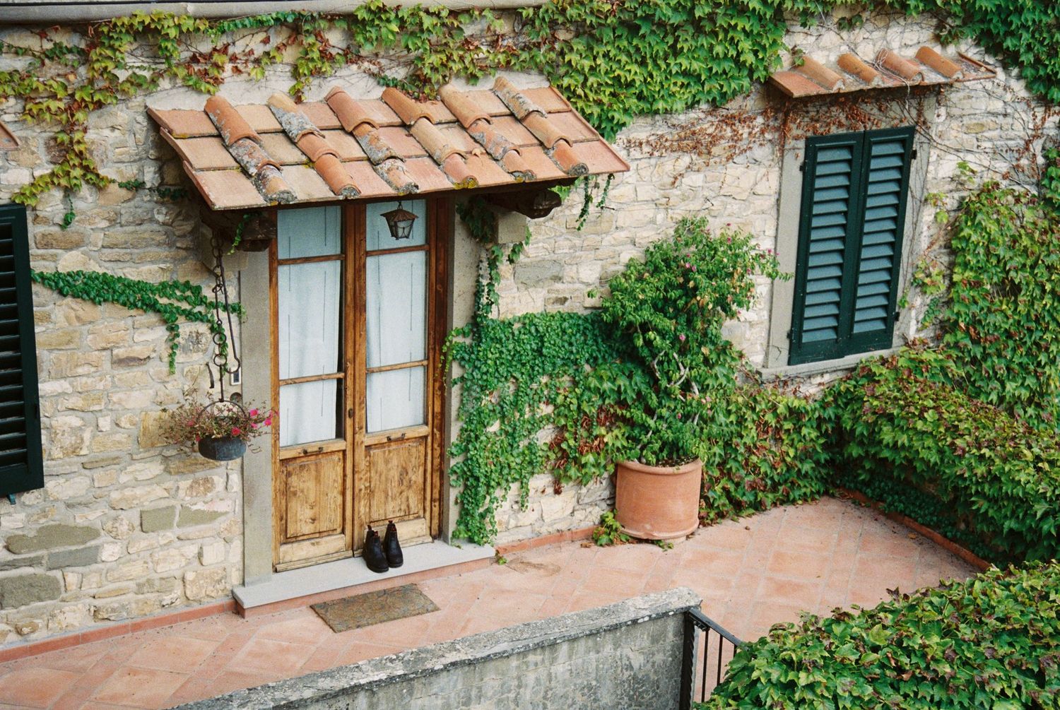 Stone pathway with terracotta pots and lush green vines climbing up rustic walls in a Mediterranean garden setting.