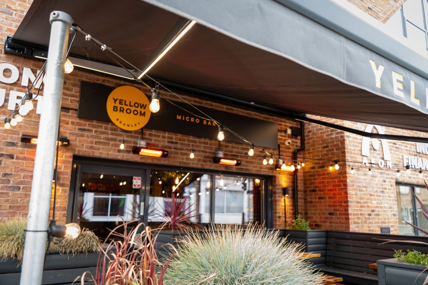 Restaurant patio space with string lights and decorative plants creating an inviting atmosphere.