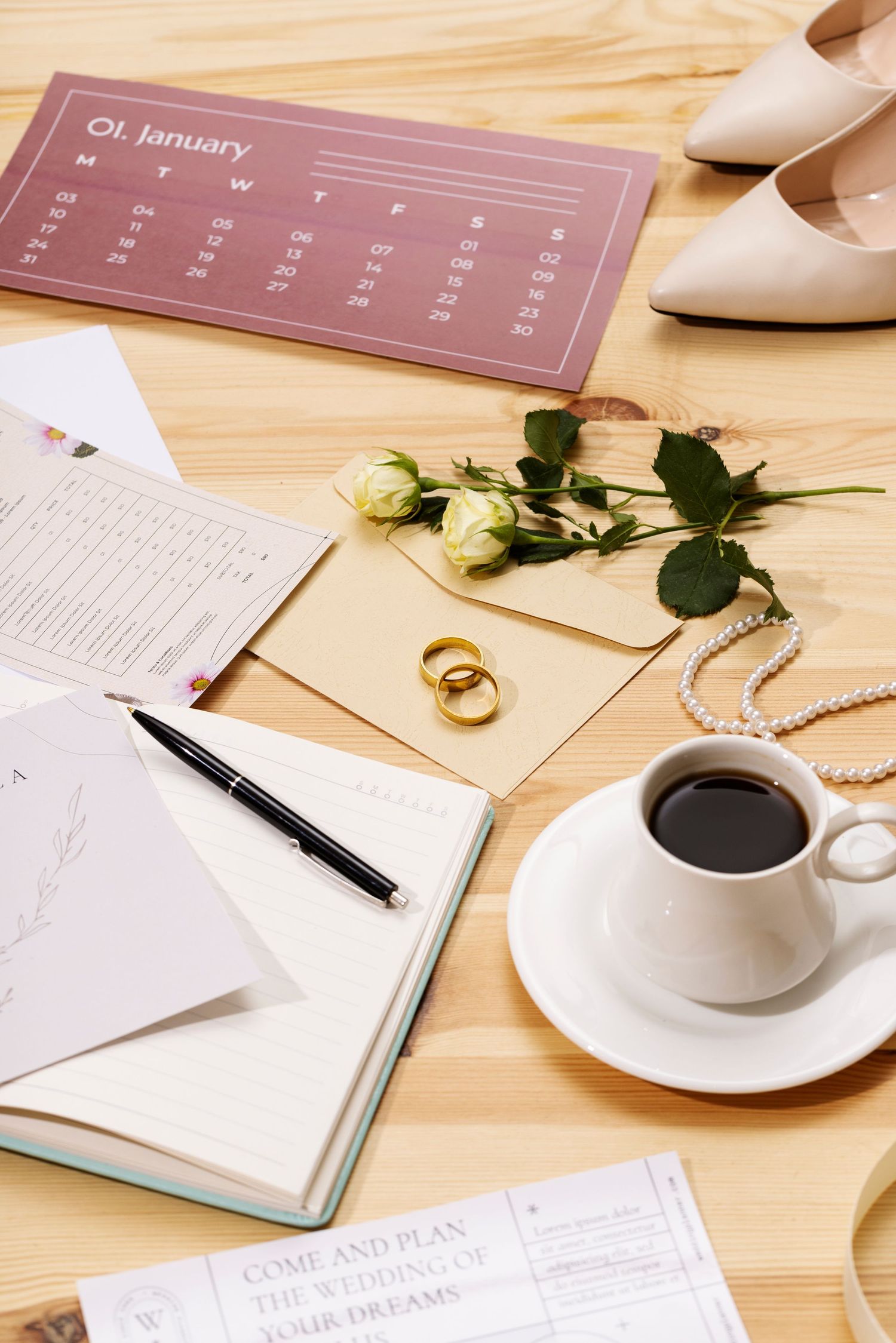 Flatlay of coffee cup, calendar, jewelry and stationery items arranged on wooden desk with soft pink accents.