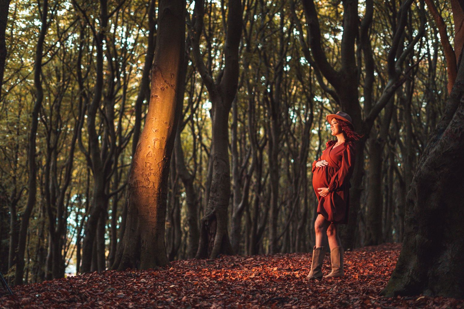 A series of woodland photographs showing a figure in red against autumn foliage.