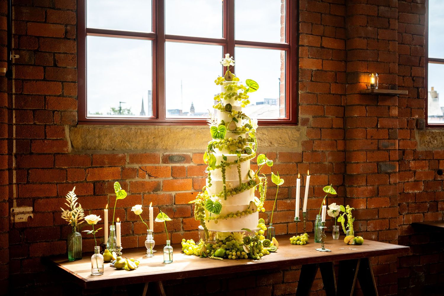 Natural light illuminates potted plants displayed along windows in a brick room.