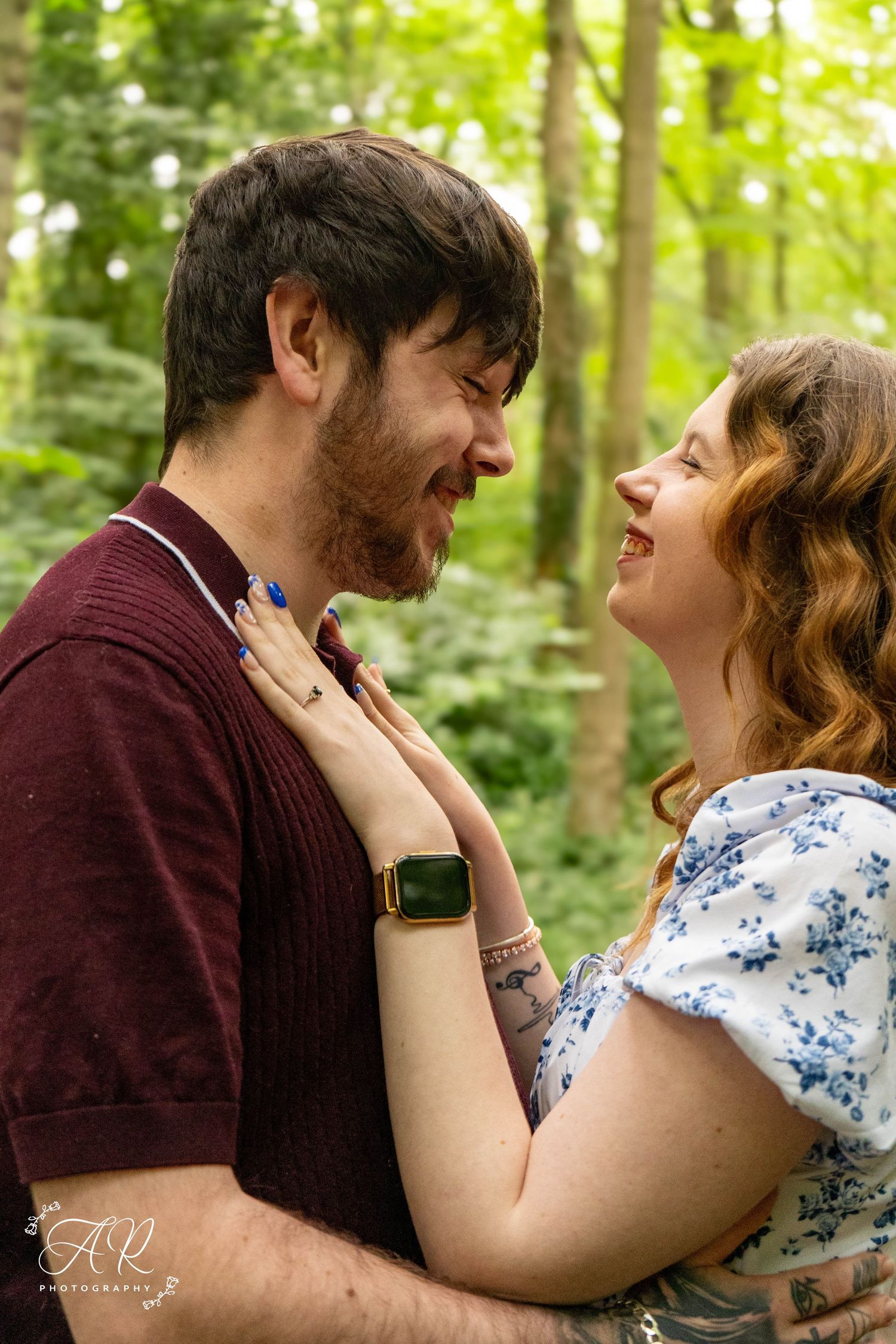 Intimate forest photography sequence showing tender moments between two people in natural lighting.
