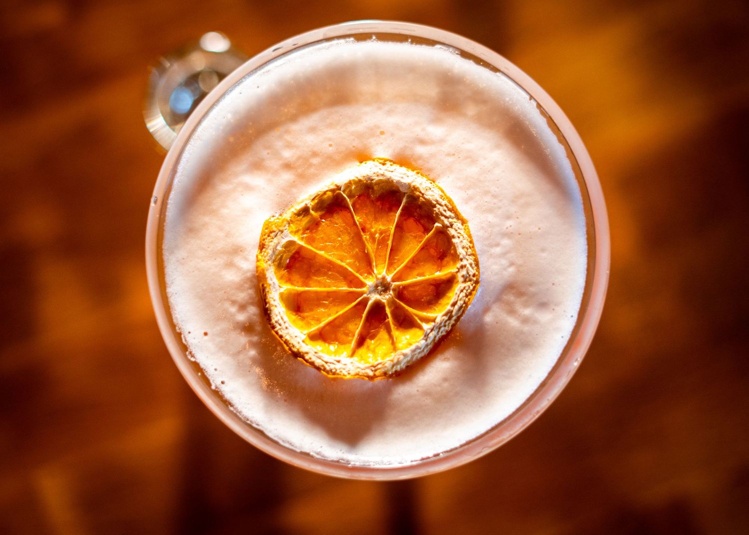 Citrus-garnished cocktail with dried orange slice floating on frothy surface.