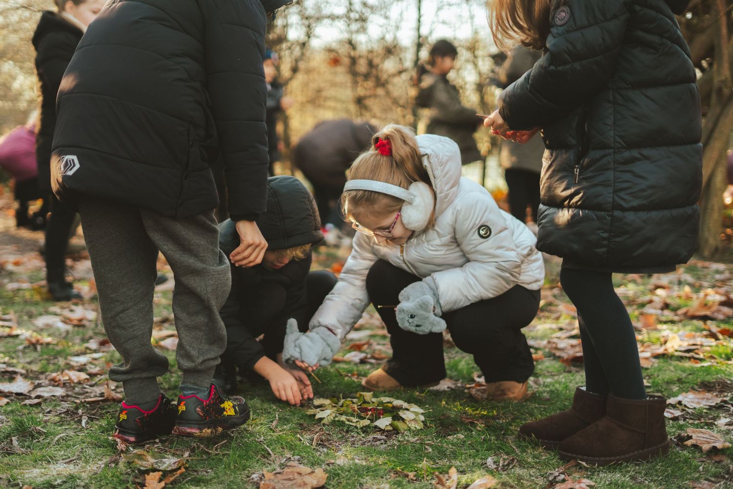 People crouch down to examine fallen autumn leaves on the ground in a park.