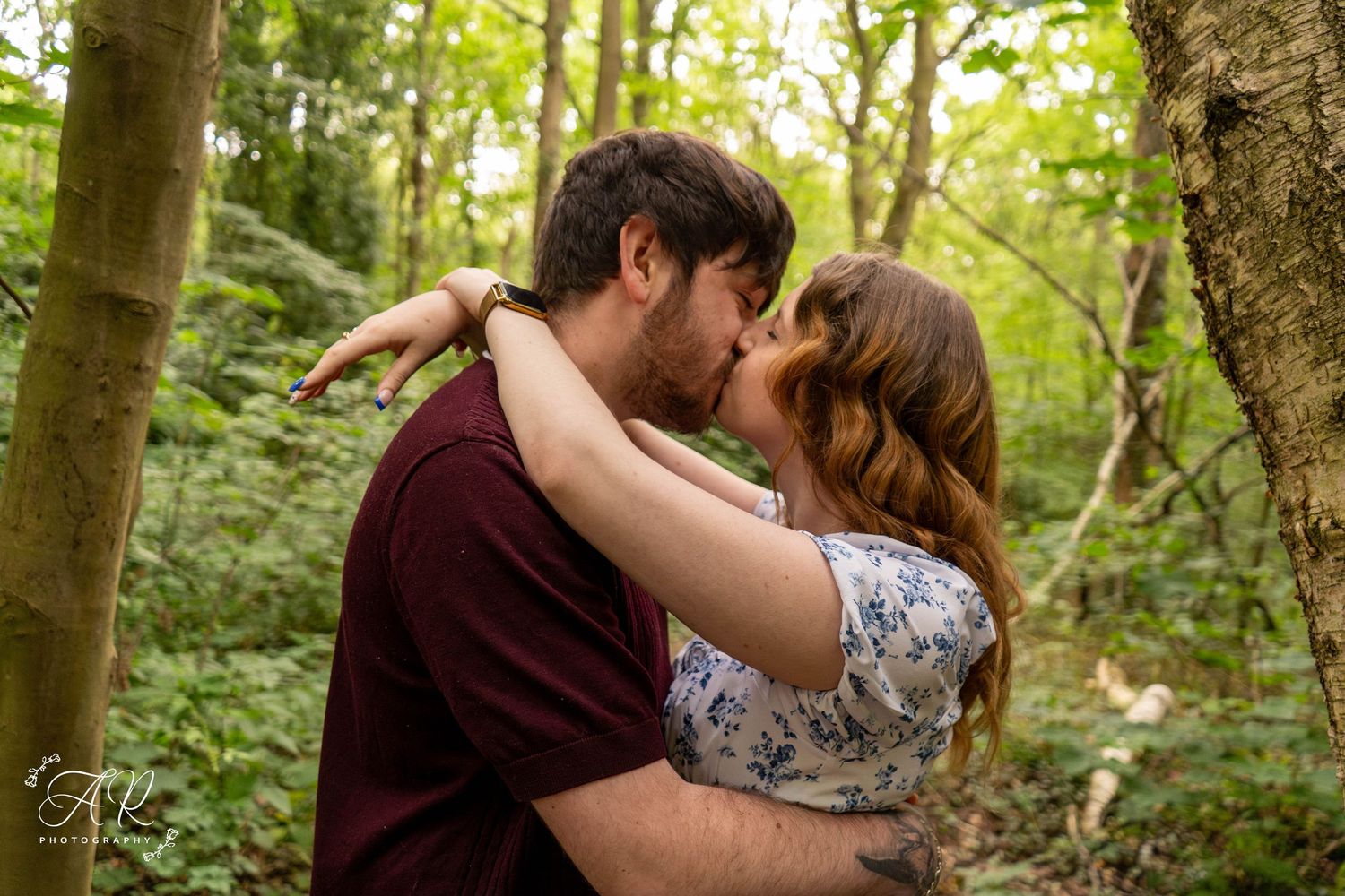 A sequence of romantic forest portraits showing affectionate poses against green foliage.