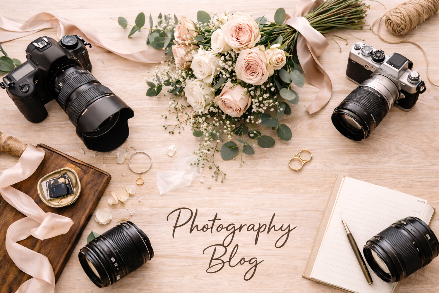Professional photography equipment and floral arrangements with pink roses and ribbons laid out on a blush colored surface.