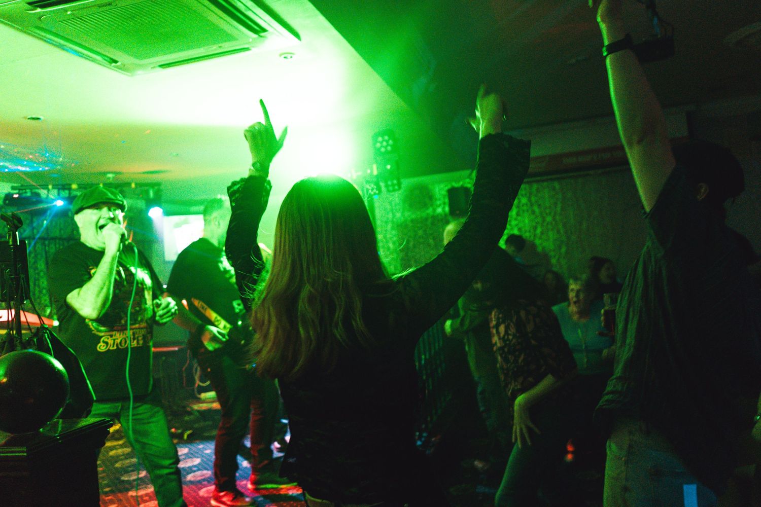 Concert crowd silhouettes with raised arms under intense green stage lighting.