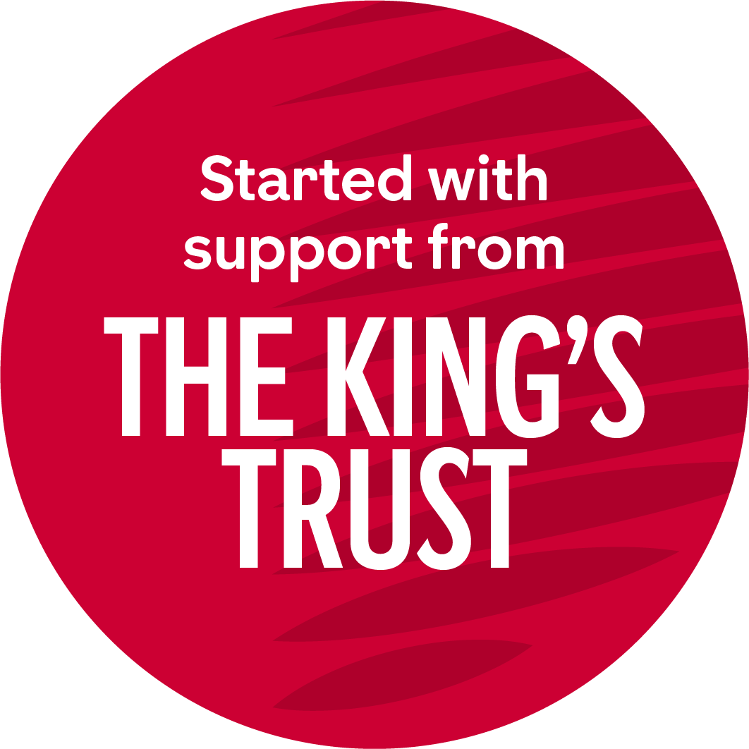 Red oval logo elements with white text showing 'Started with support from The King's Trust'.