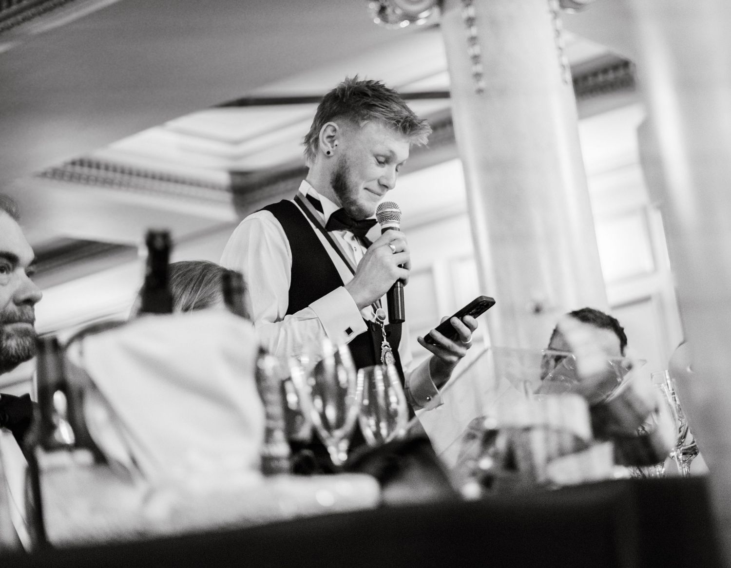 Black and white candid shots of guests at a formal event.