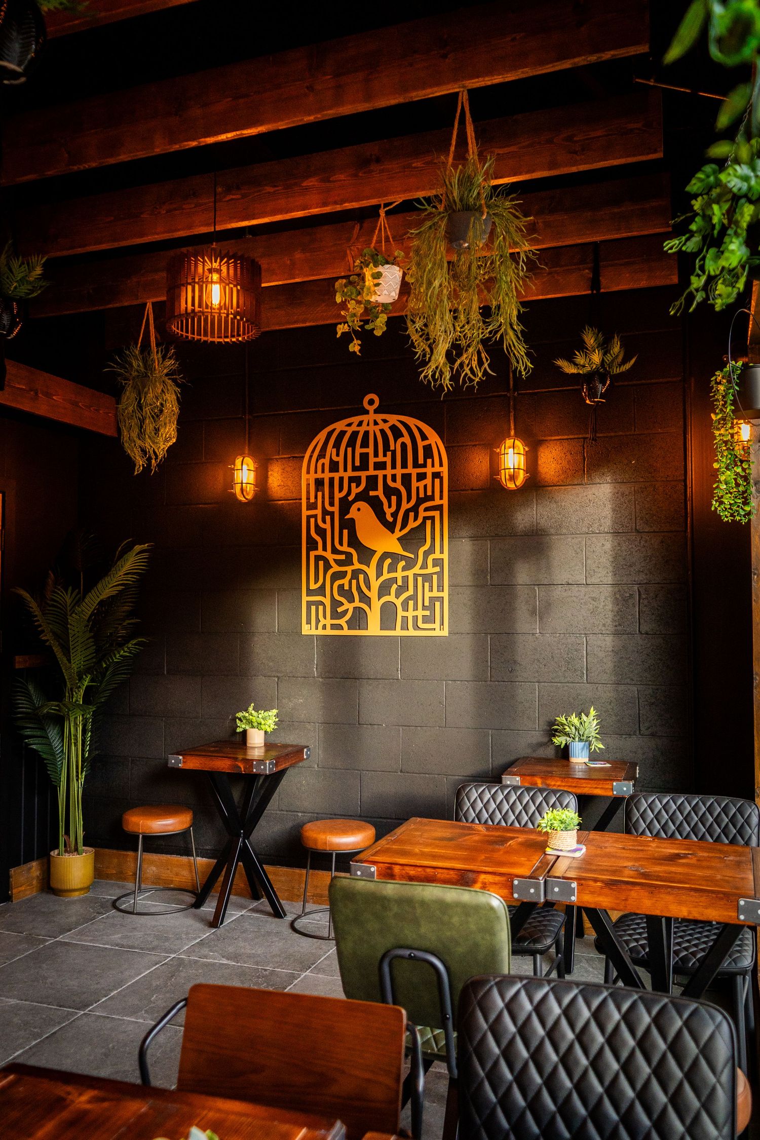 Modern restaurant interior with dark walls, quilted leather seating, and warm lighting accented by hanging plants.