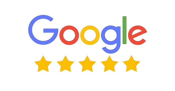 Google logo with five star rating in yellow.