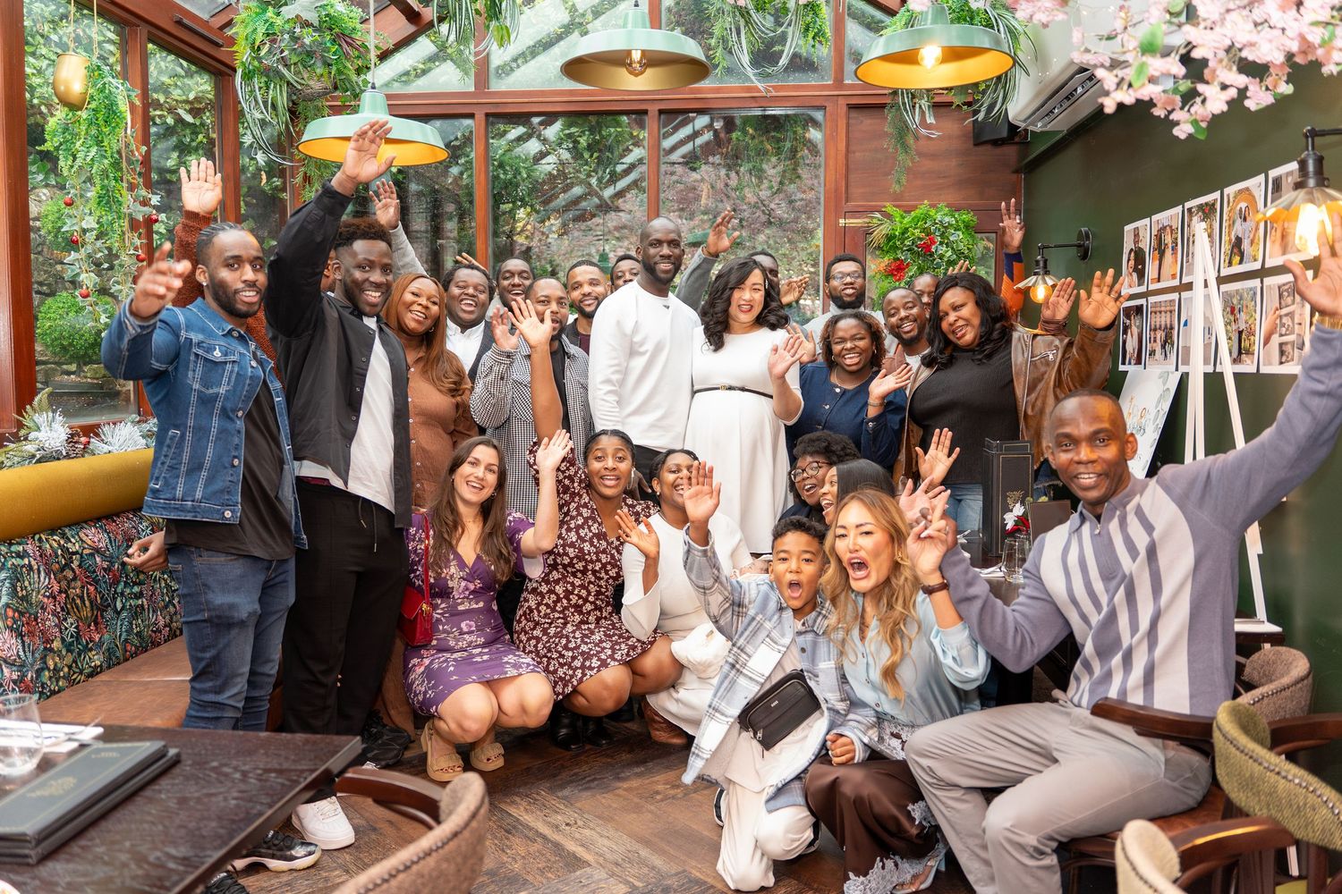 A large group celebration photo series showing various reactions and moments of joy.