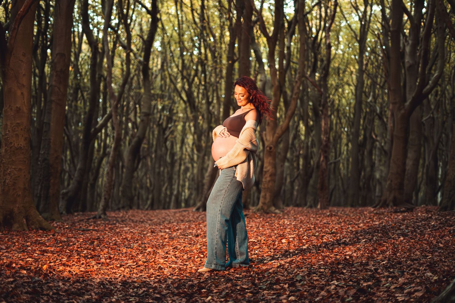Artistic forest photography sequence with dramatic poses and autumn colors.