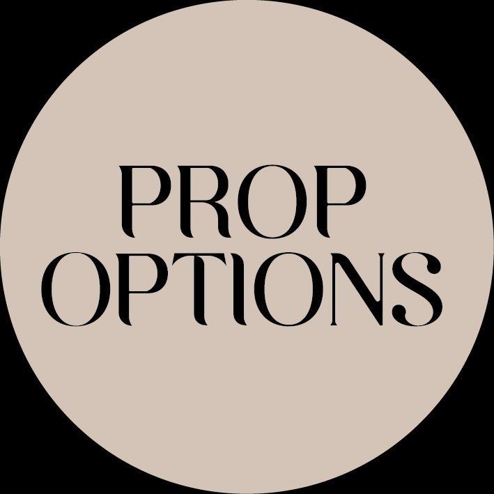 Elegant serif text spelling PROP OPTIONS in beige circular designs.