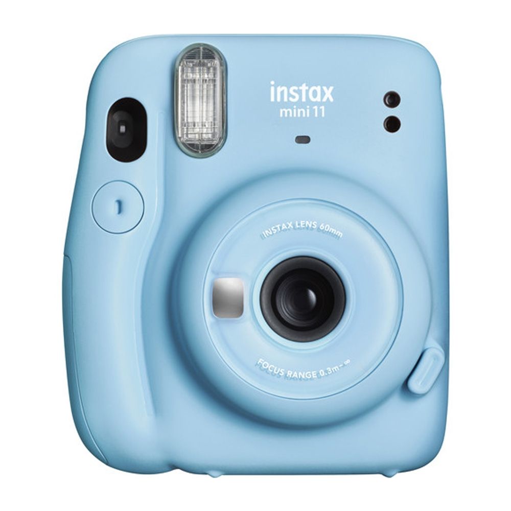 Light blue Instax Mini 11 instant camera shown from multiple angles.