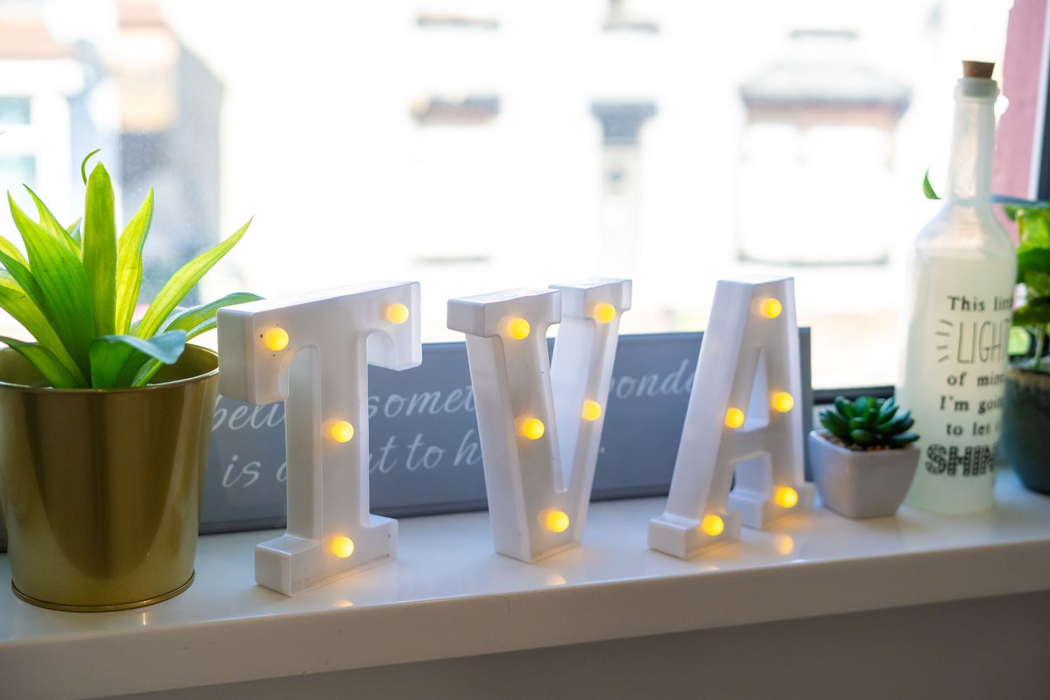 Windowsill decorated with small plants and LED candles creating ambient lighting.