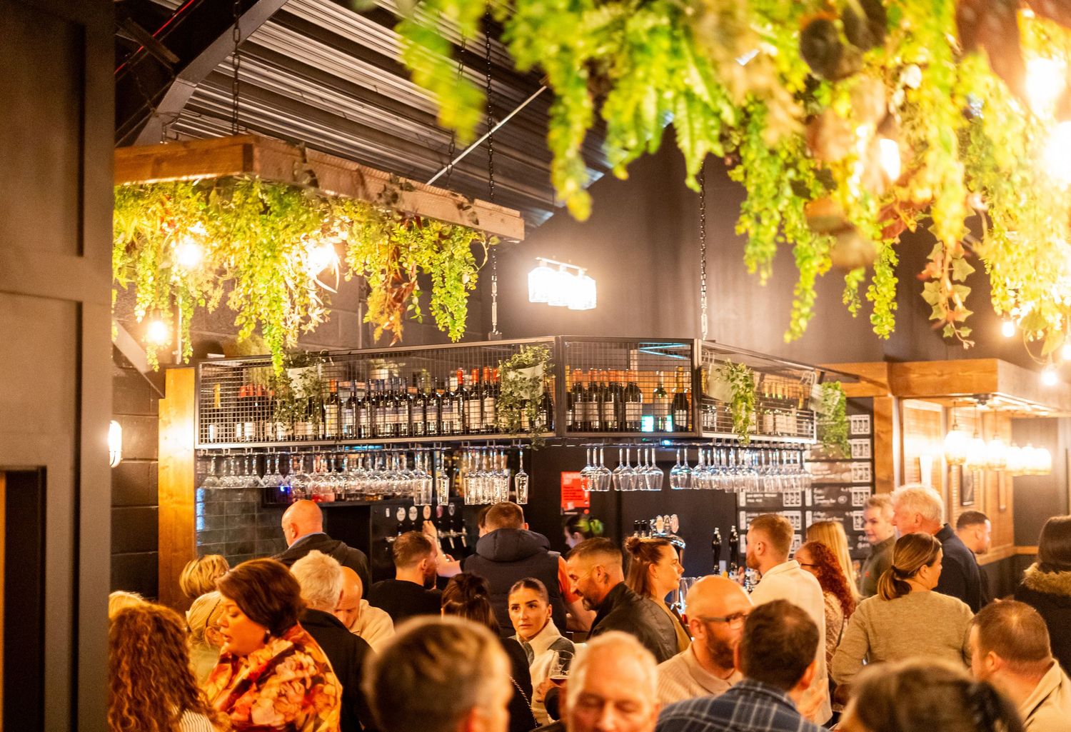 Crowded bar interior with warm lighting and hanging greenery creating an inviting ambiance.