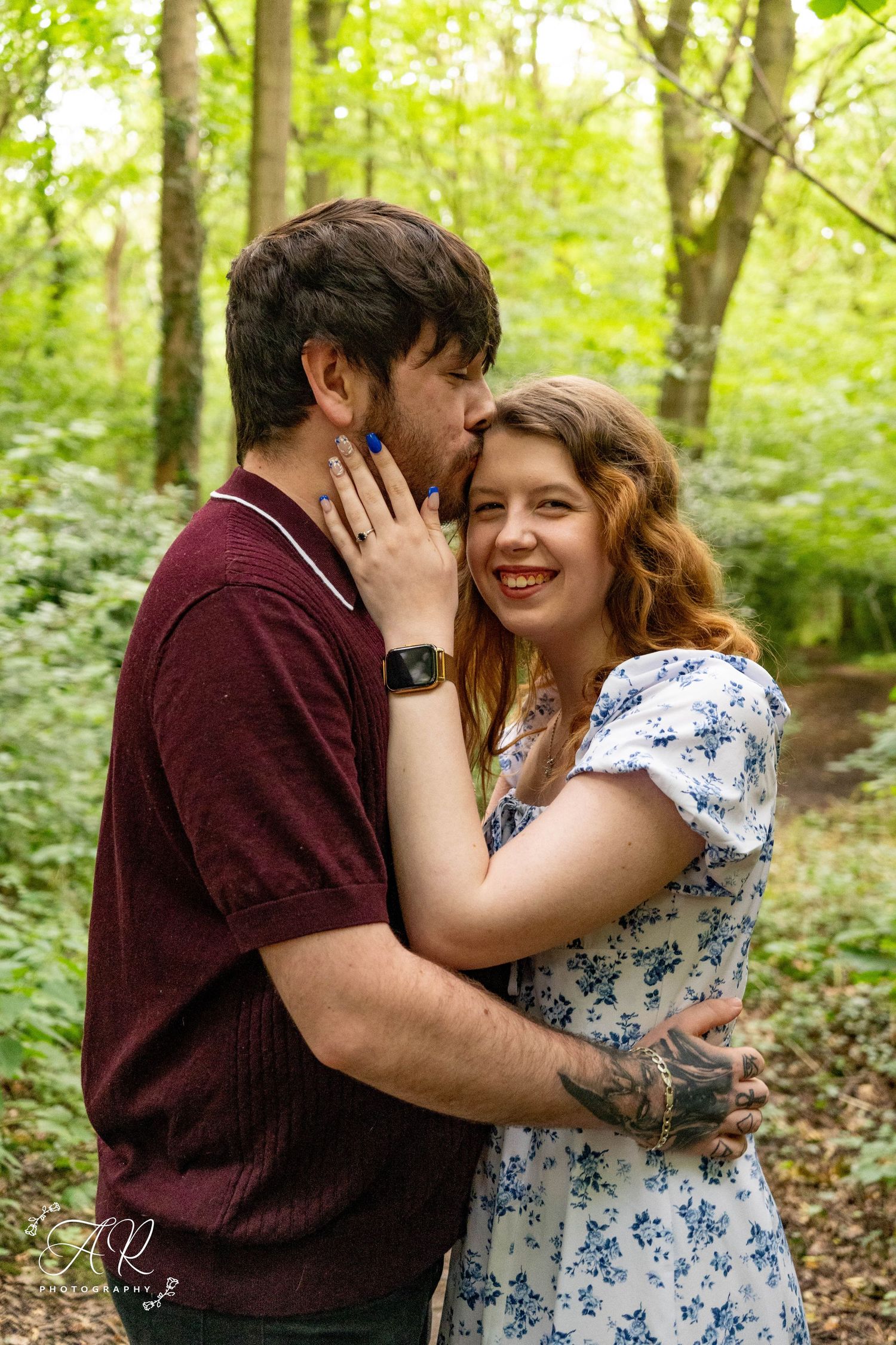 A series of candid moments captured between a couple in a wooded setting showing playful interaction.