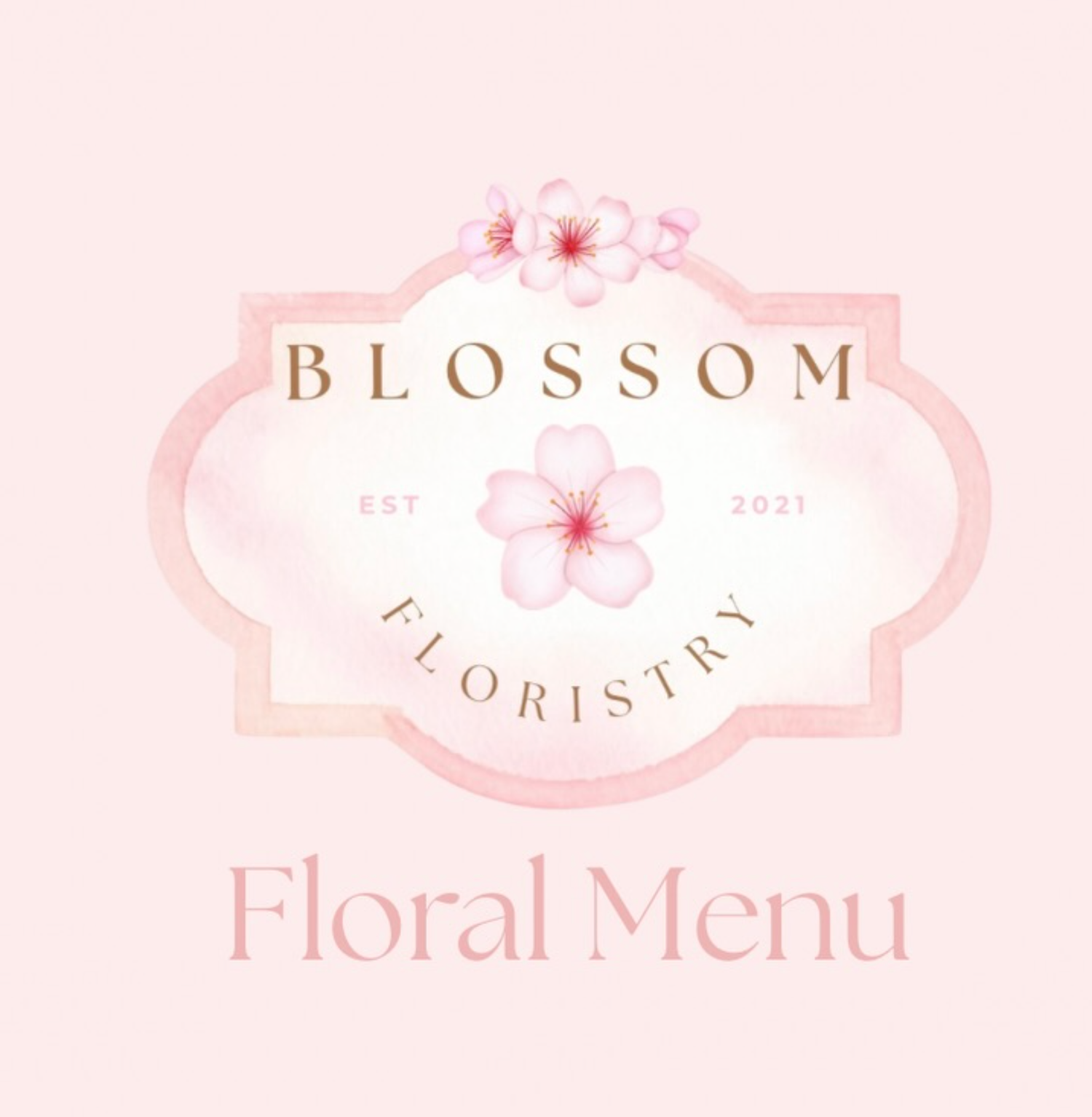 Elegant pink floral menu design for 'Blossom Floristry' with cherry blossoms and decorative frame.
