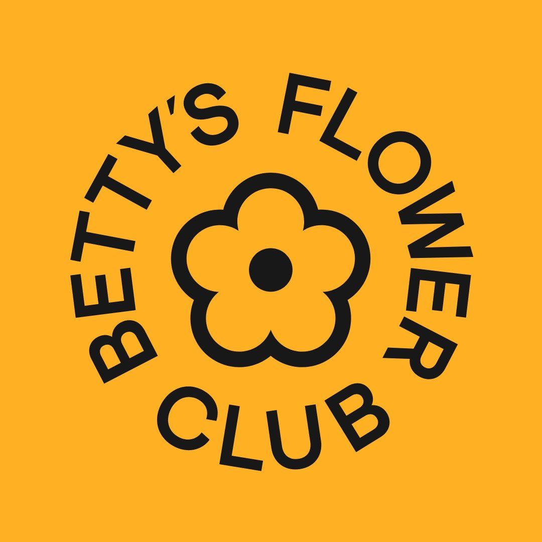Yellow banner with repeating flower icon and text in circular arrangements.