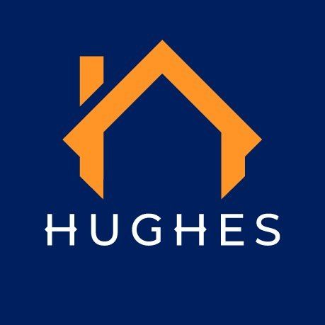 Hughes company logo with orange geometric house shape on navy blue background.