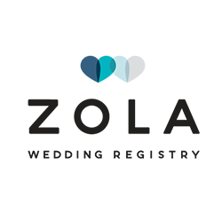 Zola Wedding Registry logo with two overlapping hearts in teal and navy blue.