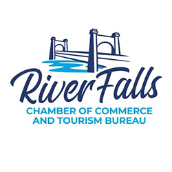 River Falls Chamber of Commerce and Tourism Bureau blue logo with bridge illustration.