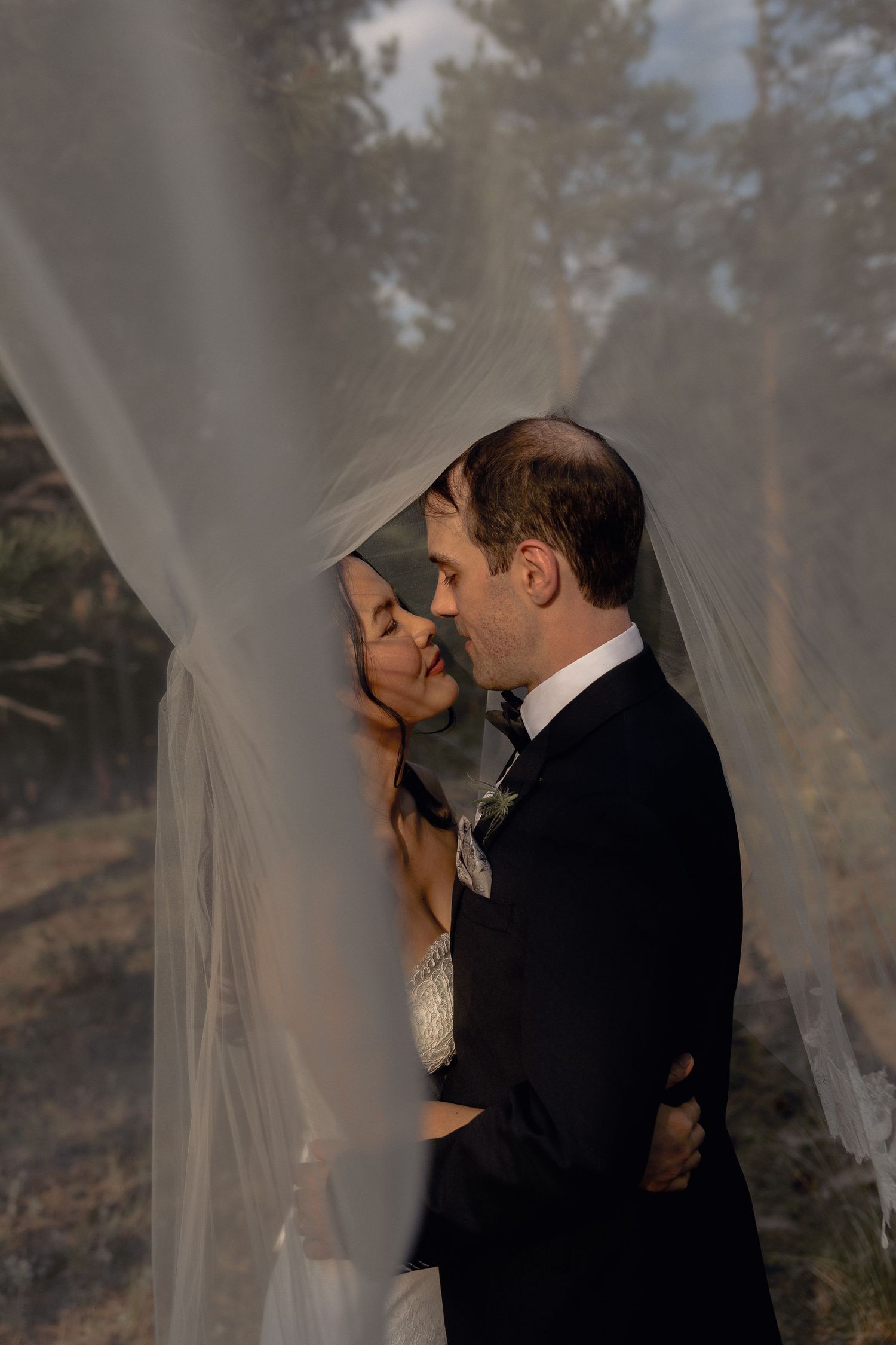 Bride and groom sharing a kiss beneath a flowing veil on their wedding day