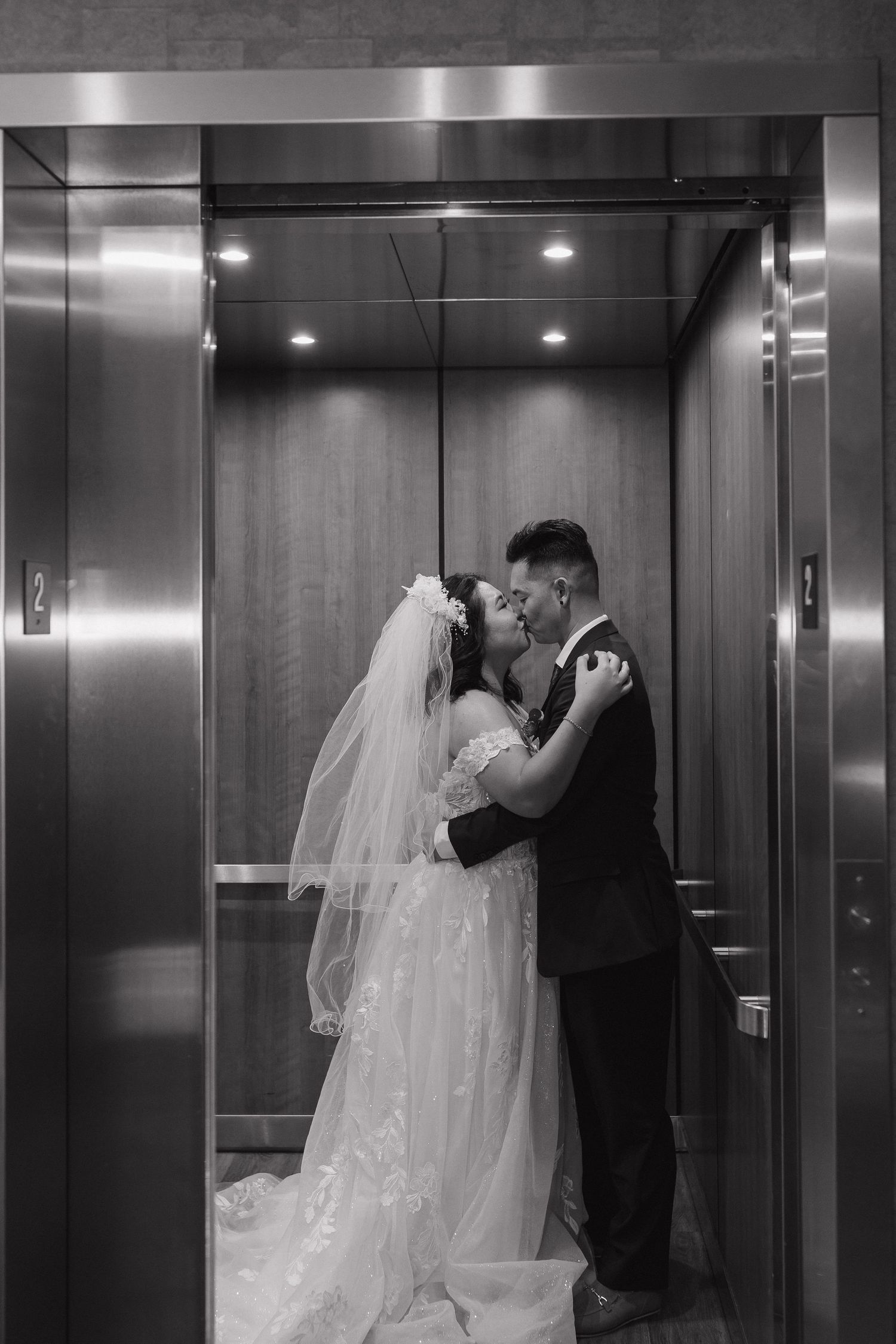 Romantic wedding portrait of a newlywed couple in an elevator in hotel Colorado