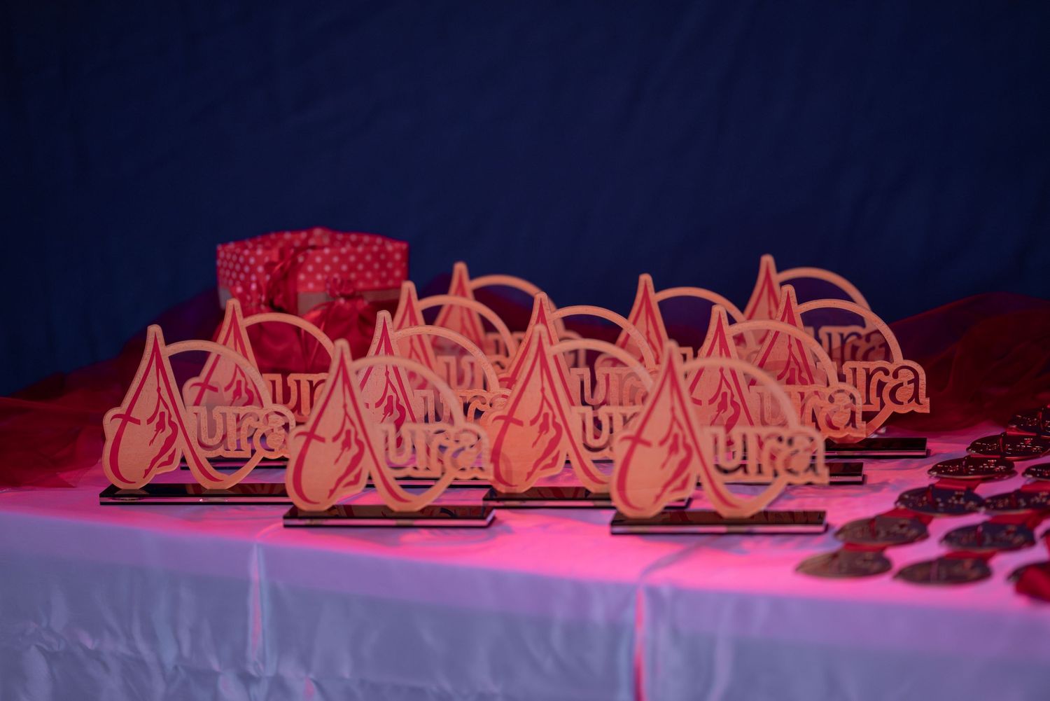 Pink trophy awards and certificates displayed on a table at an Aura Aerial competition event.