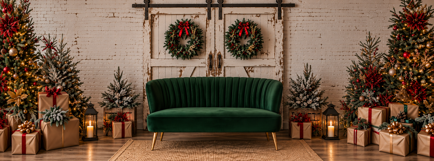 Festive Christmas living room with green velvet sofa, decorated trees, wreaths, and wrapped gifts.