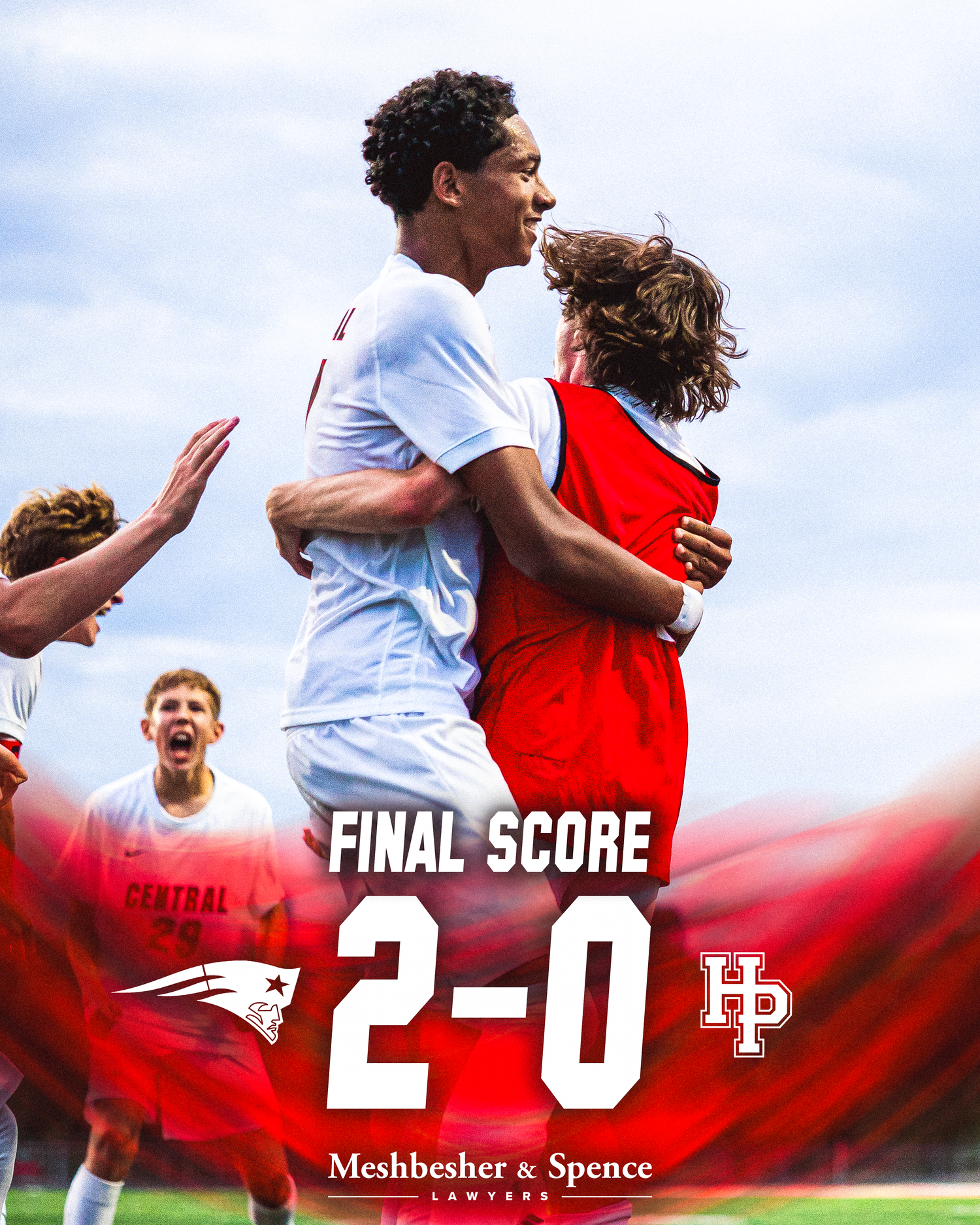 Central Patriots soccer team celebrates a 2-0 final score victory, sponsored by Meshbesher & Spence Lawyers.