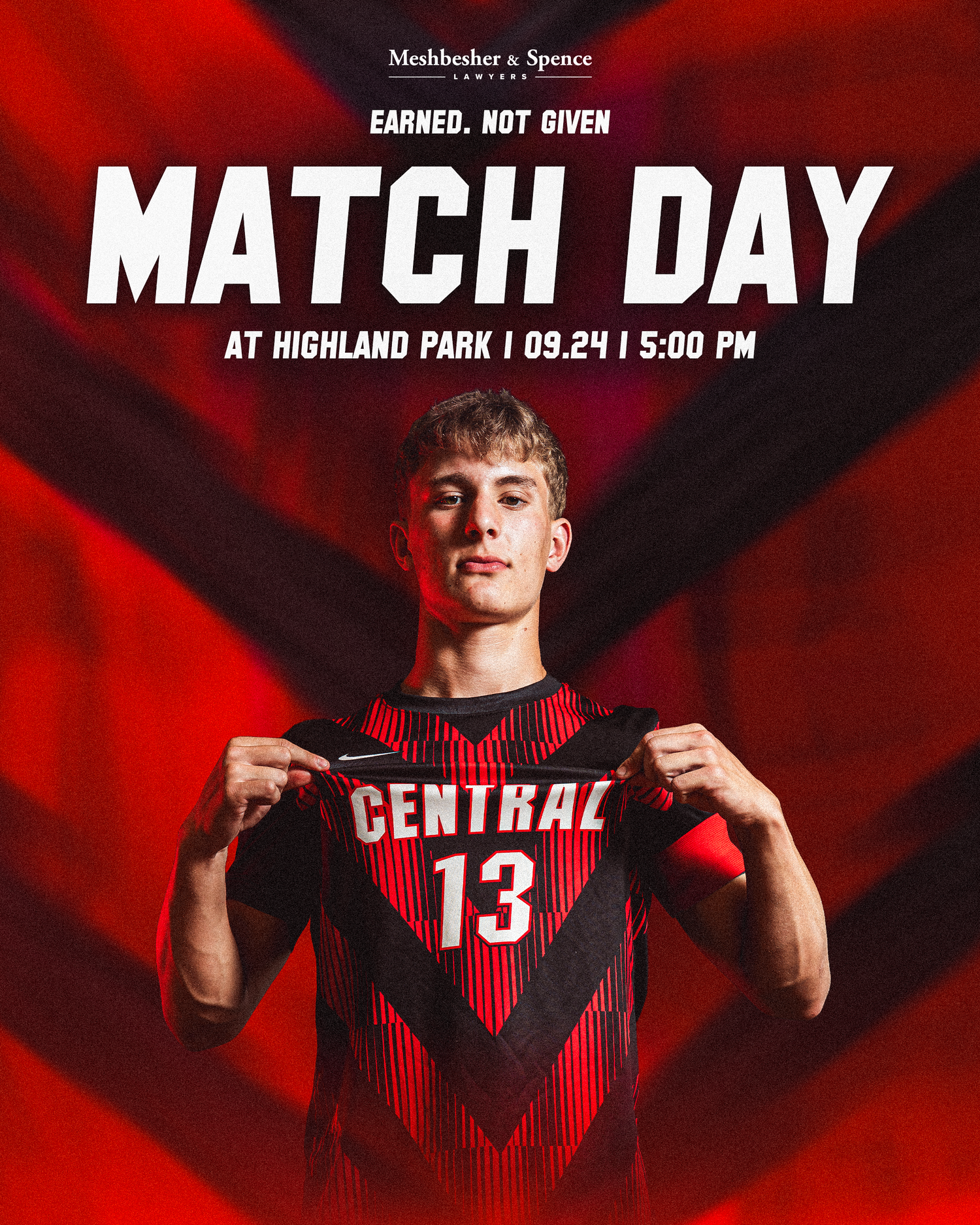 Soccer player holds Central #13 jersey on Match Day at Highland Park, Sept 24 at 5PM, red graphic design.