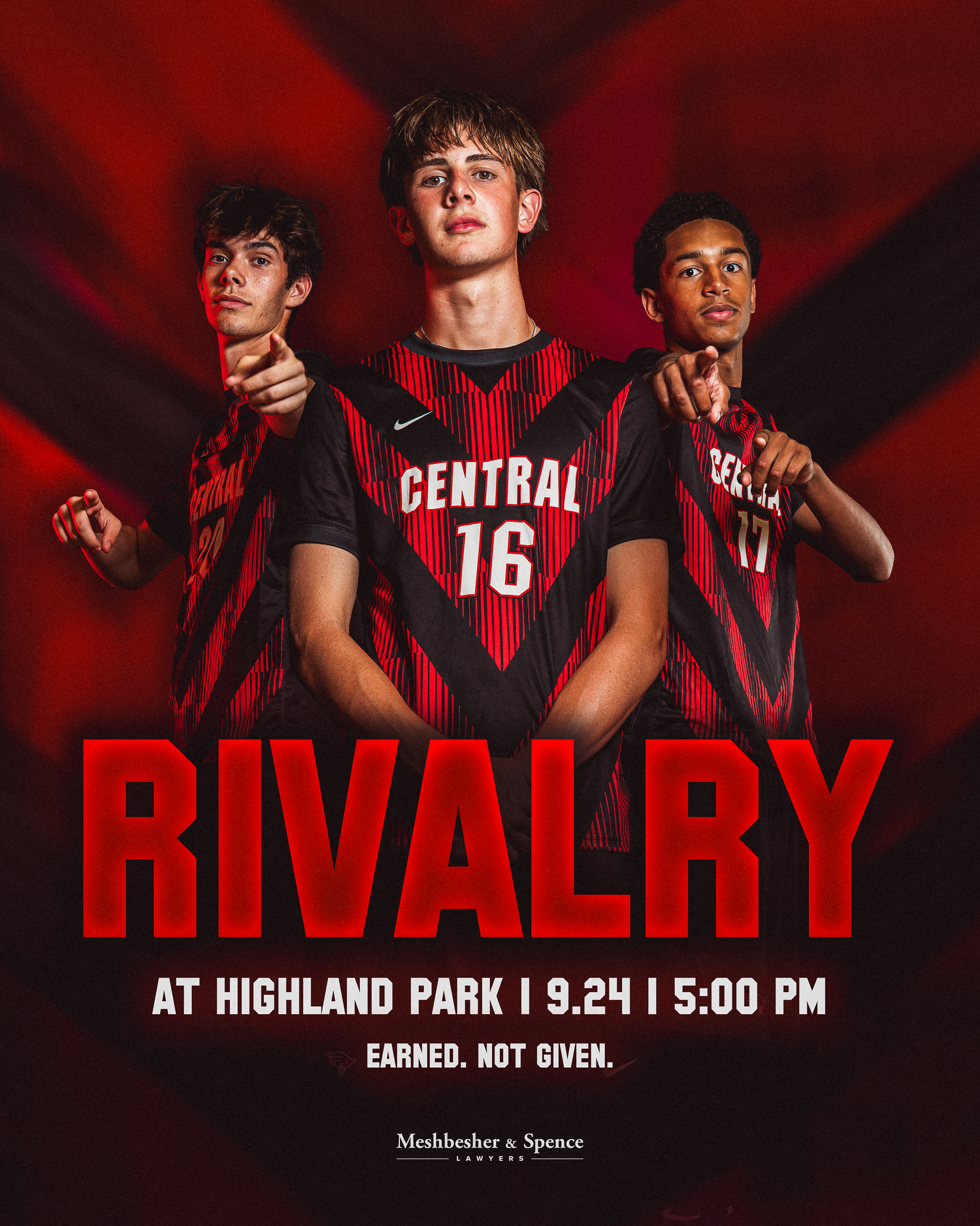 Three Central High School soccer players in red and black jerseys promote a rivalry game at Highland Park on September 24 at 5PM.