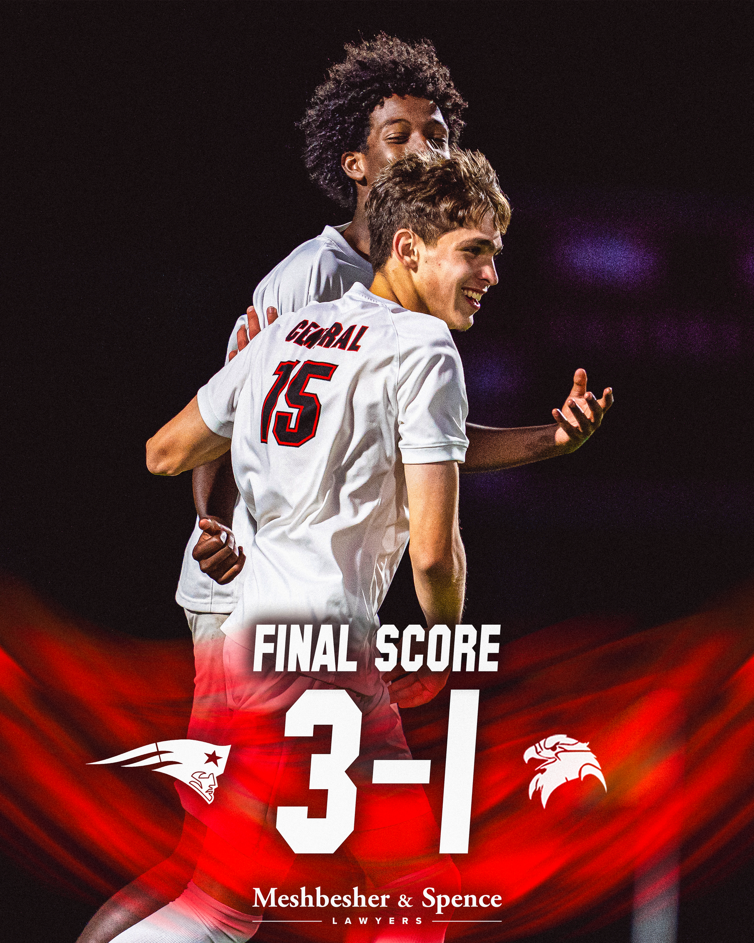 High school soccer players celebrate a 3-1 final score victory, sponsored by Meshbesher & Spence Lawyers.