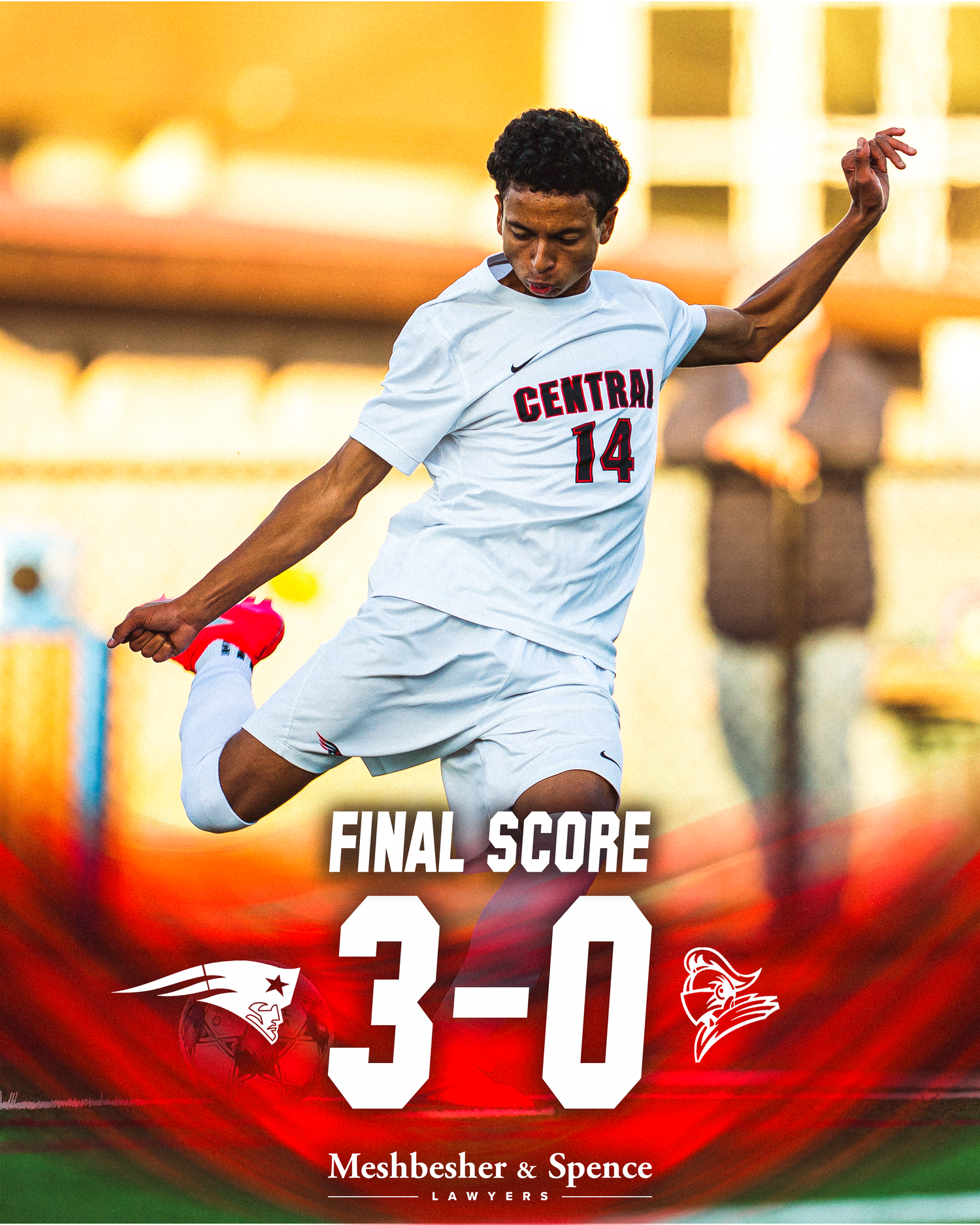 Central #14 soccer player kicks ball, final score graphic shows 3-0 victory, sponsored by Meshbesher & Spence Lawyers.